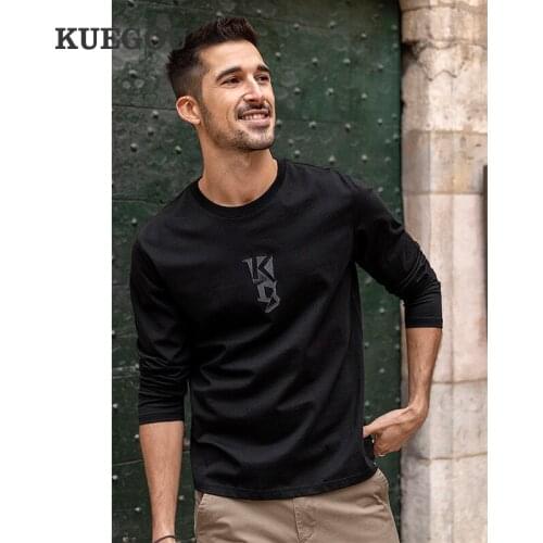 KUEGOU 2021 Autumn 100% Cotton Embroidery T Shirt Men Black Letter Tshirt Brand T-shirt Long Sleeve Plus Size Tee Shirt 88007