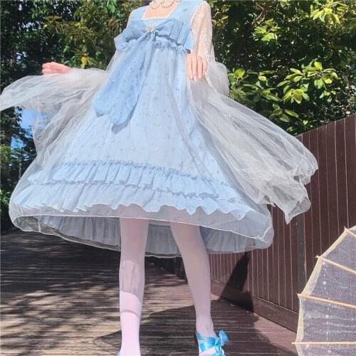 Lolita Op Chinese Style Summer Chiffon Long Sleeve Light Blue Sweet Princess Kawaii Girls Dress Anime Cosplay Cute Women Dresses