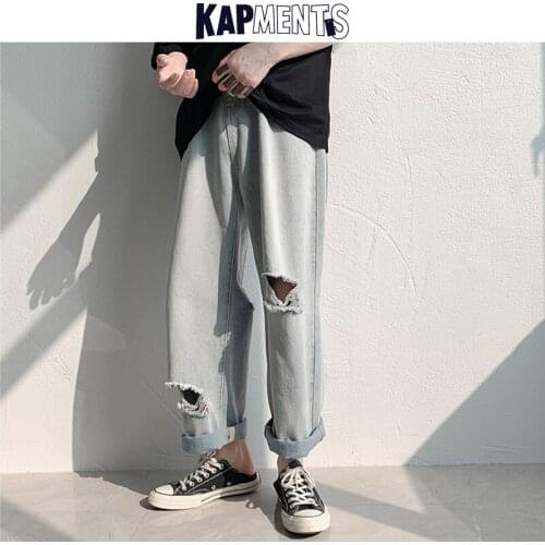 KAPMENTS Men Vintage Korean Streetwear Ripped Jeans 2021 Mens Spring Cargo Pants Harajuku Solid Denim Joggers Man Loose Trousers