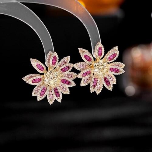 The new stereo double flower earrings female fashion full set color zirconium sunflower stud earrings
