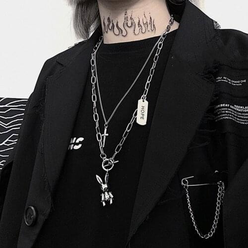 2021 New Fashion Stainless Steel Multilayer Hip Hop Long Chain Necklace For Women Men Jewelry Punk Rabbit Cross Pendant Necklace