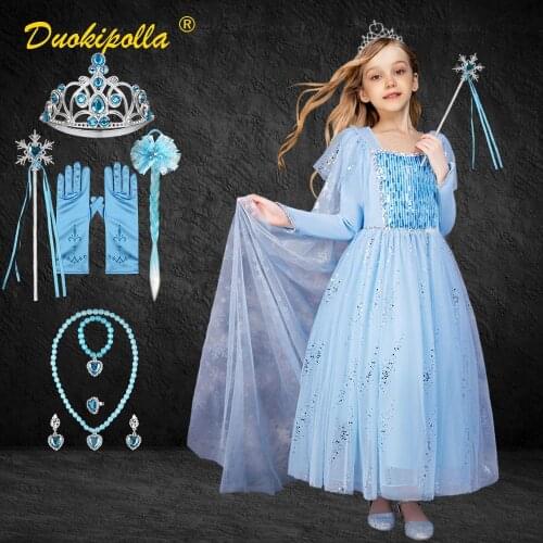 Toddler Elsa Dress Snowflake Fairy Tail Autumn Winter Girls Blue Flutter Sleeve Dress Christmas Snow Queen Costume Halloween