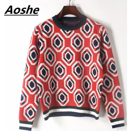 Aoshe Knit Pullover Sweater Women 2018 New Designer Geometric Color Block Winter Basic Casual Vintage Jumper Jersey Mujer
