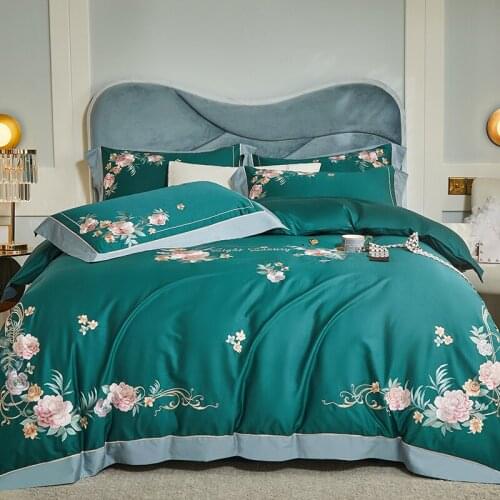 Luxury Green Blue Pastoral Flowers Embroidery 1000TC Egyptian Cotton Bedding Set Duvet Cover Bed Sheet Pillowcase Home Textile