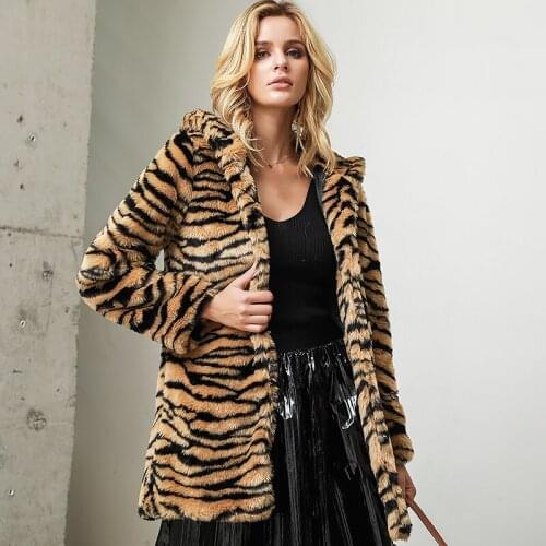 Thick Tiger Stripe Women Jacket Mid-Long Faux Fur Coat Women Slim Casual Hoodies Fur Jackets Outwear Female Streetwear Overcoat