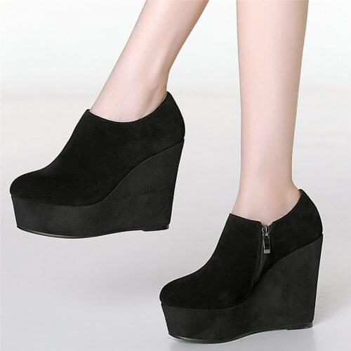 Chunky Platform Pumps Shoes Women Black Cow Leather Wedges High Heel Ankle Boots Female Low Top Round Toe Oxfords Casual Shoes