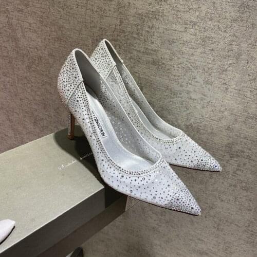 Sexy lady fashion women shoes silver crystal mesh lace pointy toe stiletto stripper High heels bride wedding pumps 8cm size 40