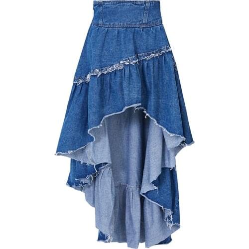 Bohemian 2020 summer Women Ruffles Irregular ripped Denim Skirt female sexy high waist Jeans Skirts Gothic streetwear Y691