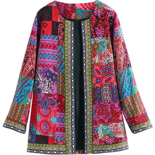Women Autumn Winter Ethnic Floral Print Long Sleeve Loose Jacket Coat Cardigan