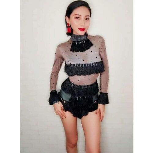 Womens Sexy Nude Black Tassels Bodysuit Dance Wear Costume One Piece Outfit Women Female Singer Stage Costume Stretch Leotard