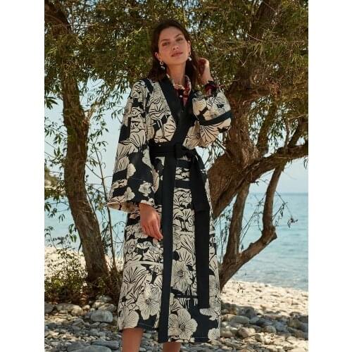 Women Black Flower Printed Belted Long Kimono Cardigan Casual Blouse Spring Summer Vintage Swim Cover-Ups Female Beach New 2021
