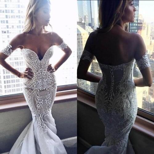 Sexy Mermaid Lace Wedding Dress For Bride Nude And Ivory Sweetheart Strapless Back Buttons Long Bridal Gowns Vestidos de novia