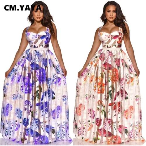 Lemon Gina Women Floral Print Organza Patchwork Long Dress Vintage Party Spaghetti Strap Fit and Flare Floor Length Maxi Dresses