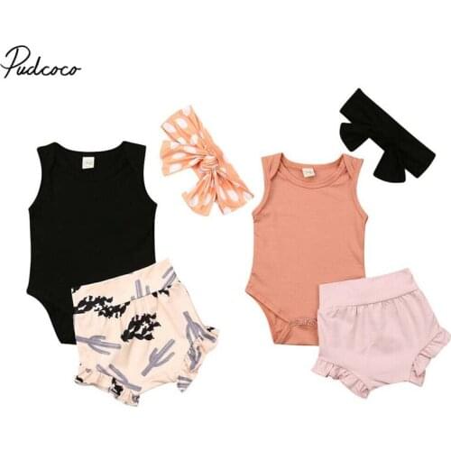 2019 Brand Cute Infant Baby Girl Newborn 3Pcs Outfit Sleeveless Romper High Waist Ruffle PP Shorts Headband Fashion Clothing Set