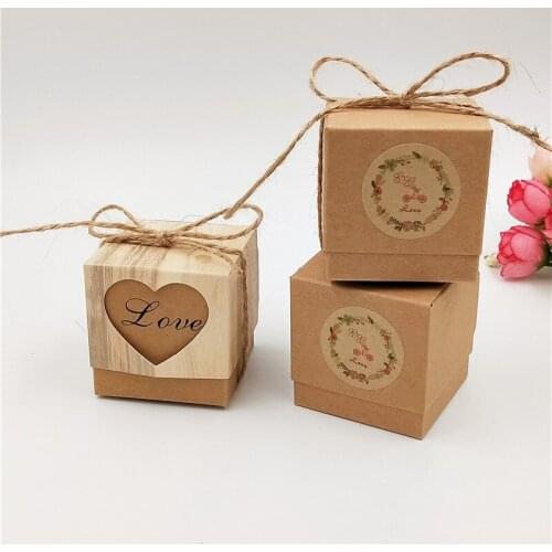 24pcs/Lot Kraft Paper Heart Love Cover Boxes For Small Caramel Pudding Hold Package Gift Container Boxes With Strings Stickers