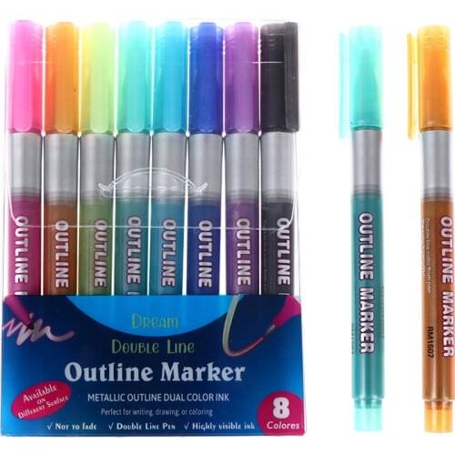 8pc Color Card Writing Drawing Double Line Outline Pen Highlighter Marker Pens