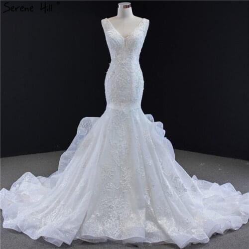 White V-Neck Handmade Flowers Wedding Dresses 2020 Sleeveless Lace Mermaid Bridal Gowns Serene Hill HM66964 Custom Made