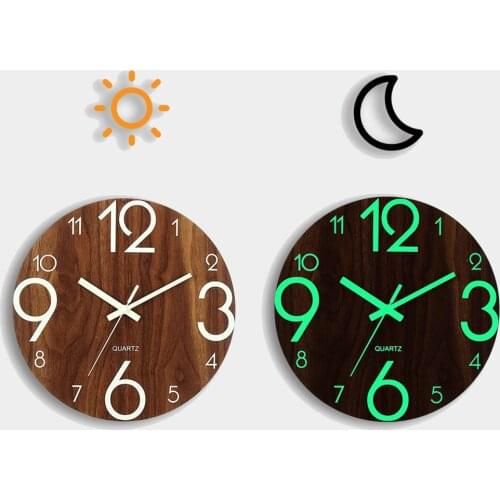 Luminous Non-ticking Wood Wall Clock 30cm Round Silent Glow in the Dark Clock for Living Room Bedroom Wall Desk Decor