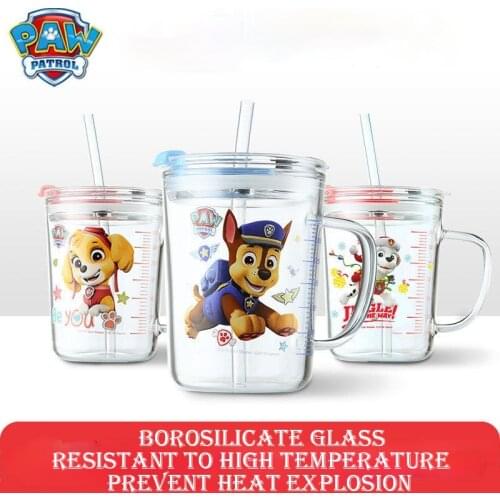 PAW PATROL childrens high temperature resistant glass cup with scale and handle straw cup Spin Master cute cartoon baby milk cup
