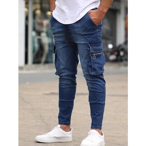 Streetwear Men Skinny Jeans Zipper Multi-Pocket Pencil Pants Hip-Hop Slim Men Trousers Black and Blue Men Jogging Denim Pants