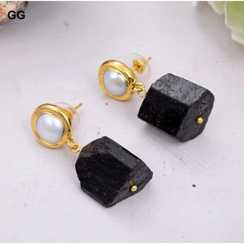 GuaiGuai Jewelry Classic Cultured White Pearl Natural Black Tourmaline Rough Pearl Stud Earrings