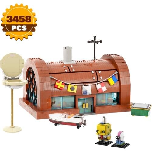 Moc Anime Spongebobed & Gary City Crab King Restaurant Brickheadz Building Block Movie Figures Enlighten Brick Children Toy Gift