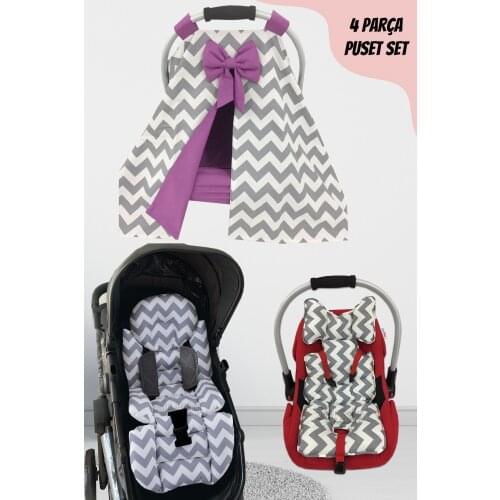 Jaju Baby Handmade, Gray Zigzag Purple 4-Piece Stroller Set (With Handle)
