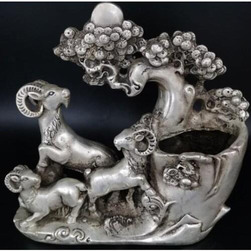 China White copper Three sheep pine Brush pot crafts statue