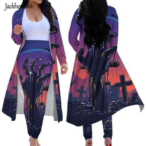 Jackherelook 2 Piece Sets Womens Outfits Summer Sprint Pants Cool Halloween Skeletons Ghost Print Fashion Open Front Cardigans