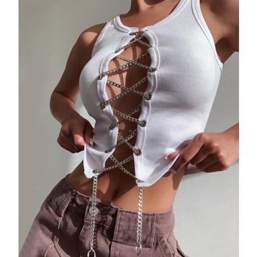 Sexy Womens Crop Top Solid Color Casual Sleeveless Short Tank Top Open Front Chain Lace Up Camisole Ladies Slim Club Tube Top