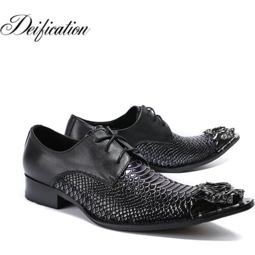 Deification Italian Leather Mens Dress Shoes Metal Pointy Toe Chaussure Homme Luxury Male Formal Party Shoes Flats Plus Size 47
