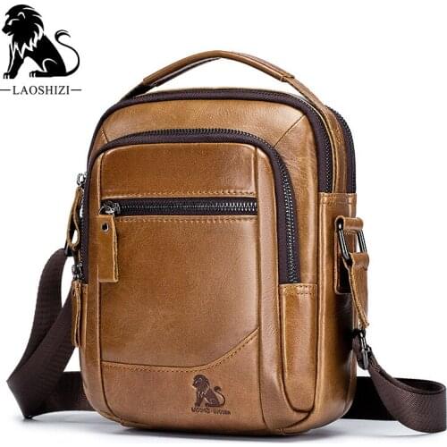 LAOSHIZI Genuine Leather Men Tote Bags New Fashion Man Leather Messenger Bag Solid Cross Body Bags Shoulder Business Bag For Men