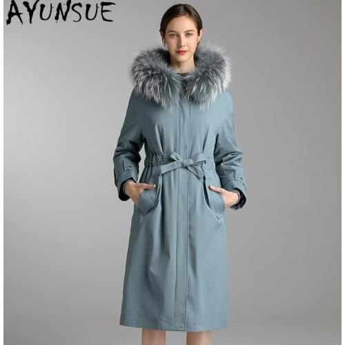 AYUNSUE Real Raccoon Dog Hooded Rex Rabbit Fur Liner Woman Parkas 2020 Think Warm Womens Fur Coat Winter Clothes Women B9115