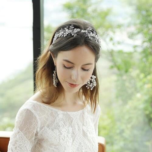 OKILY Delicate Handmade Leaves Wedding Headband for Bride Bridesmaid Leaf Silk Ribbon Hairbands Women Pearl Hair Accessories