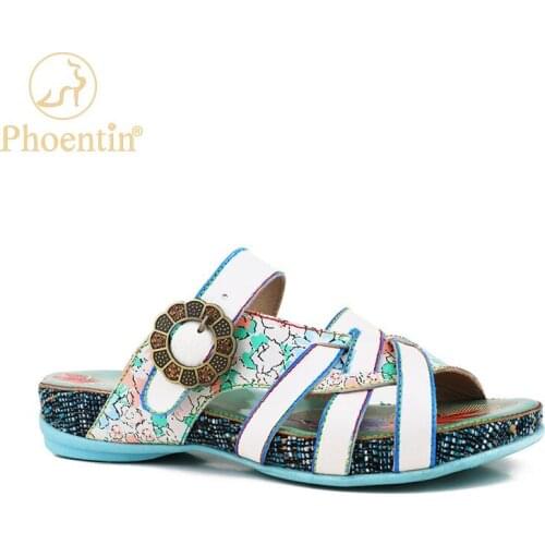 2021 Summer Woman Ethnic print slippers Cow Leather Sandals Floral Slides Female Casual Beach Handmade Shoes size 42 FT1535