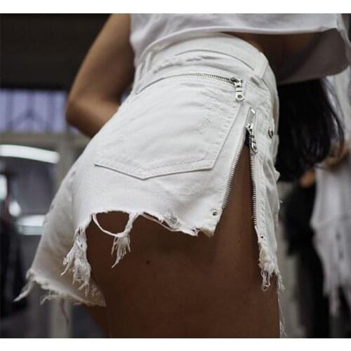 Womens High Waist Ripped Hole Denim Shorts Double Zipper Tassels Back Pocket Embroidery Stars Jeans Slim-Fit White Shorts D79