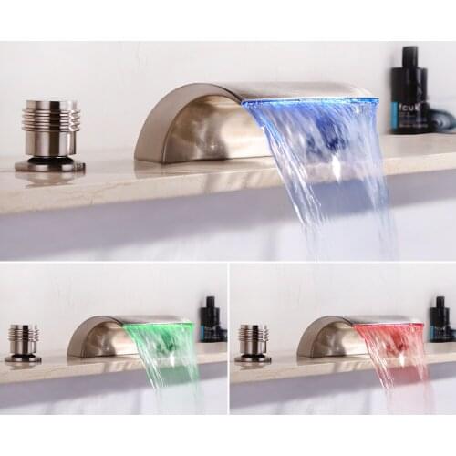 Waterfall Bathroom Sink Faucet LED Widespread Faucet Waterfall Dual Handle 3 Hole Bathtub Faucet Deck Mounted Brushed