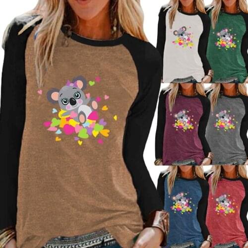 Women Fashion Cartoon Printing Round Neck Pullover Top Loose Shirt Casual T-shirt Autumn And Winter Long Sleeve Tops & Blouses