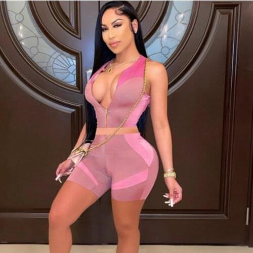 Casual Shorts Tracksuit Women 2 Piece Set Sports Color Patchwork Summer Co Ord Set Women Sleeveless Zipper Top Biker Shorts Set