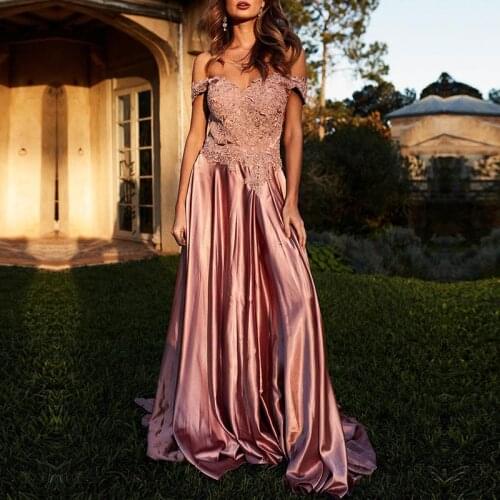 2019 Pink Stain Draped Evening Dress Appliques Long Dress Off The Shoulder Formal Dress Abiye Gece Elbisesi