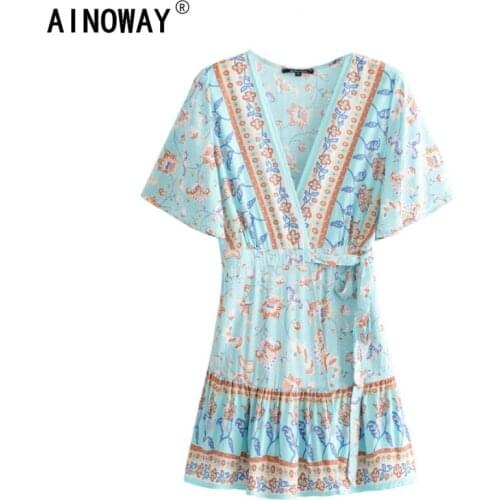 Vintage chic Boho green Floral print lantern sleeve sashes beach Bohemian mini dress Ladies happie dress vestidos