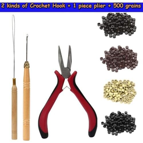 1pc Bending Pliers+1pc Wood Pulling Needle+ 1pc Hook needle+500 Micro Rings 5.0*3.0*3.0/Links/Beads Hair Extensions Tools Kits