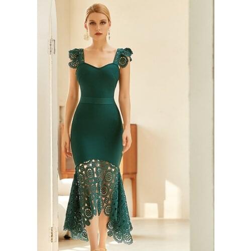 2021 New Spaghetti Strap Lace Sleeveless Bandage Dress Sexy Womens Green Bodycon Clubwear Celebrity Runway Evening Party Dresses