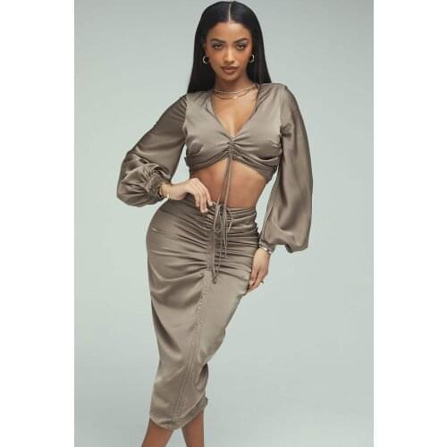 2021 New Women Sexy V-neck Tube Top Lace-up Short Top Draped Two Piece Bandage Set Celebrity Party Club Fashion Long Sleeve Set