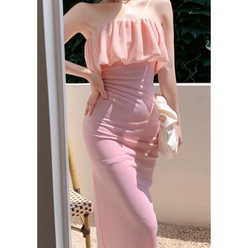 2021 New High-End Elegant Ruffled Bag Hip Tube Top Dress Summer Slim Ladies Style Long Temperament Holiday Dress