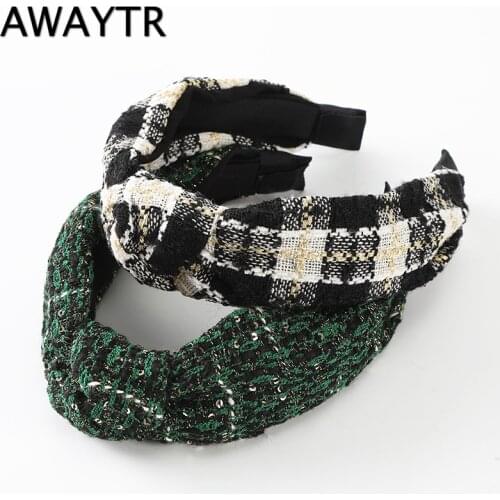 AWAYTR New Retro Women Width Hairband Classic Lattice Headband Adult Hair Band Center Knot Headwear Turban Hair Accessories