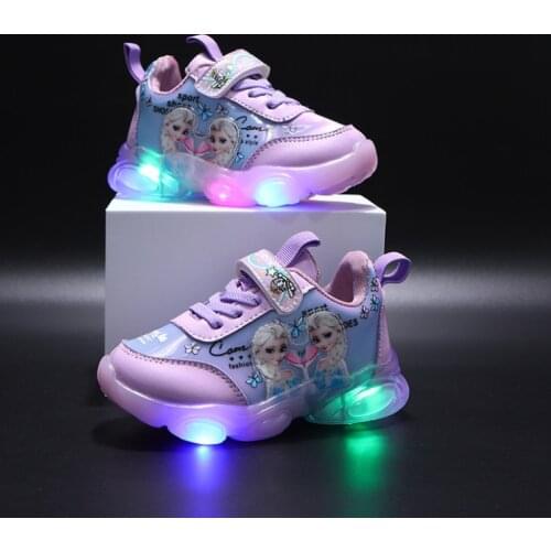 New Cartoon Disney Girls Princess Kids Shoes LED Running Frozen Children Sneakers For Girls Fashion Elsa Anna Sport Shoes
