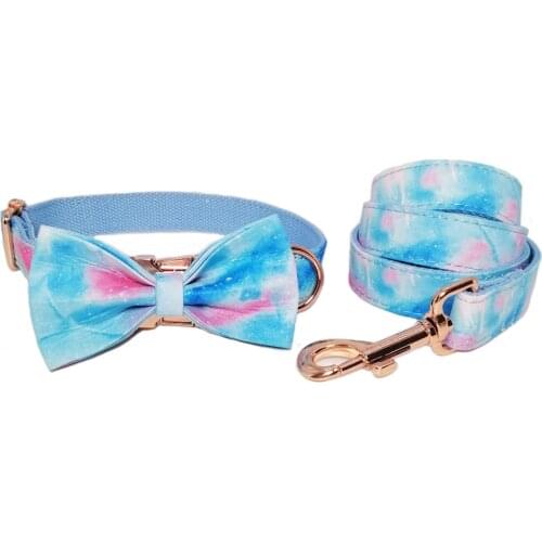 Designer Dog Collar Bow Tie Personalized Dog Collar and Leash Set Colorful Printing Rose Gold Metal Buckle Pet Collar with Leash