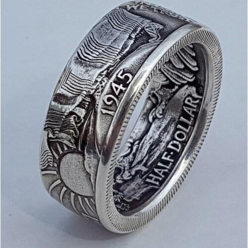 Huitan New US 1945 HALF DOLLAR Men Rings Commemorative Gift for Boyfriend Handmade Vintage Party Male Ring Jewelry Drop Shipping