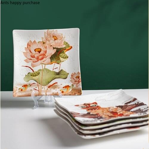 Chinese Painted Ceramic Plate Restaurant Home Decorative Tableware Square Dinner Plate Western Dishes Sushi Dish Dinnerware